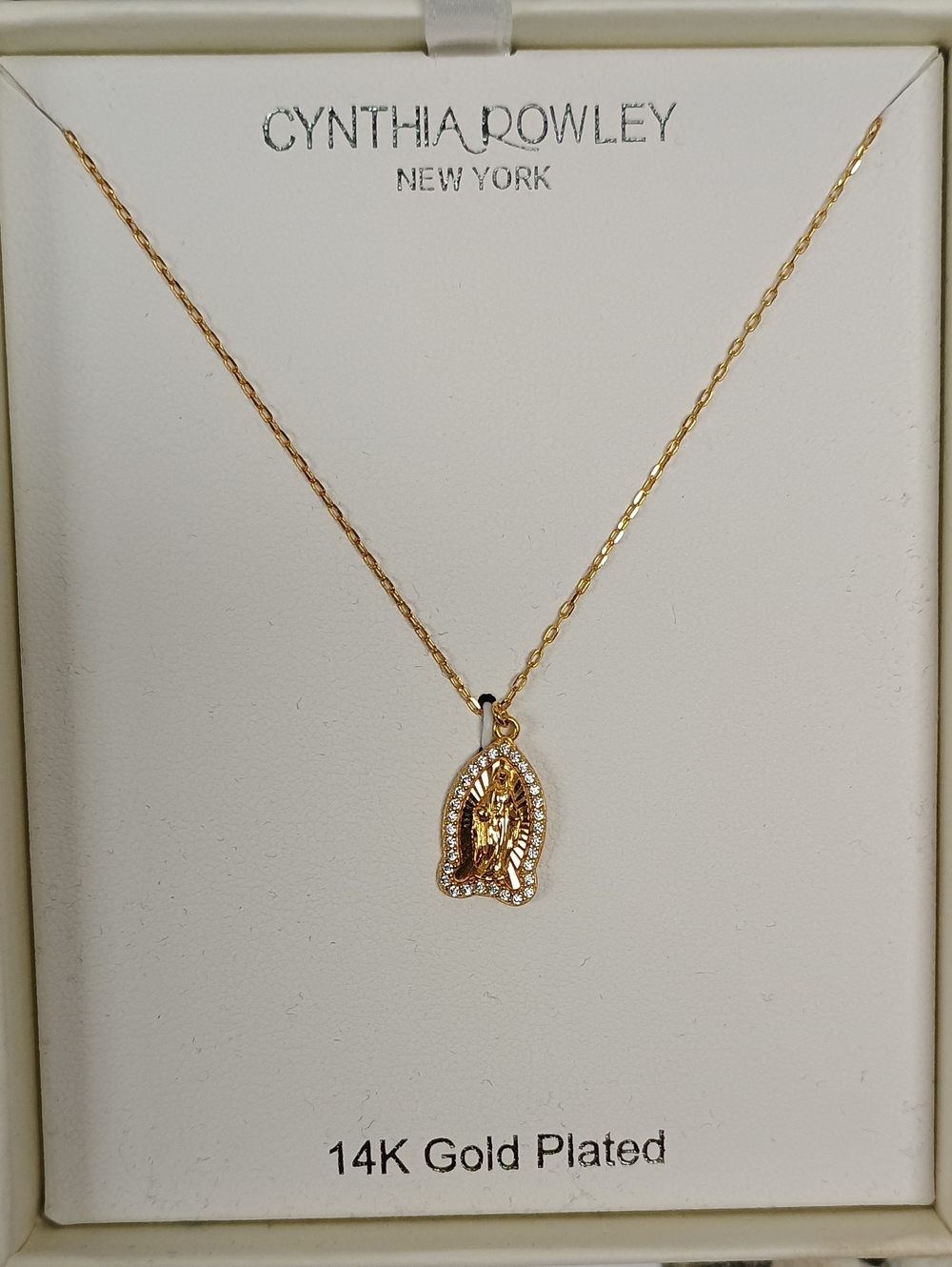 NWT Cynthia Rowley 14K Gold Plated Virgin Mary Crystal Medallion Necklace Boxed